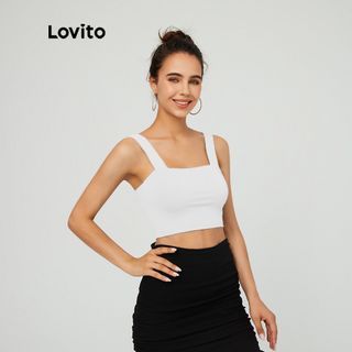 Plus size 2xl-3xl white sleeveless summer top sexy top Lovito Trendy Solid Navel Shoulder Strap Square Tank Crop Tops Sando for Women