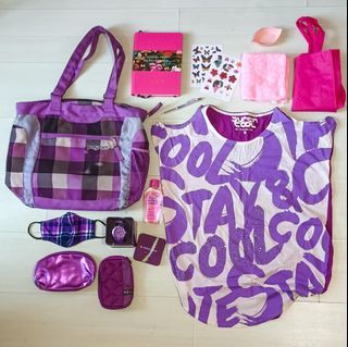 PURPLE / PINK STUFF SET: JANSPORT PLAID TOTE BAG, GIORDANO OPEN SHOULDER SHIRT,  SPORTS WATCH WITH TIN CAN, HALO HARD DRIVE POUCH, METALLIC POUCH, 2023 FLORA AND FAUNA PLANNER, LEAF SOAP DISH, HAND TOWEL + FREE REUSABLE BAG, BALLPEN AND ALCOHOL