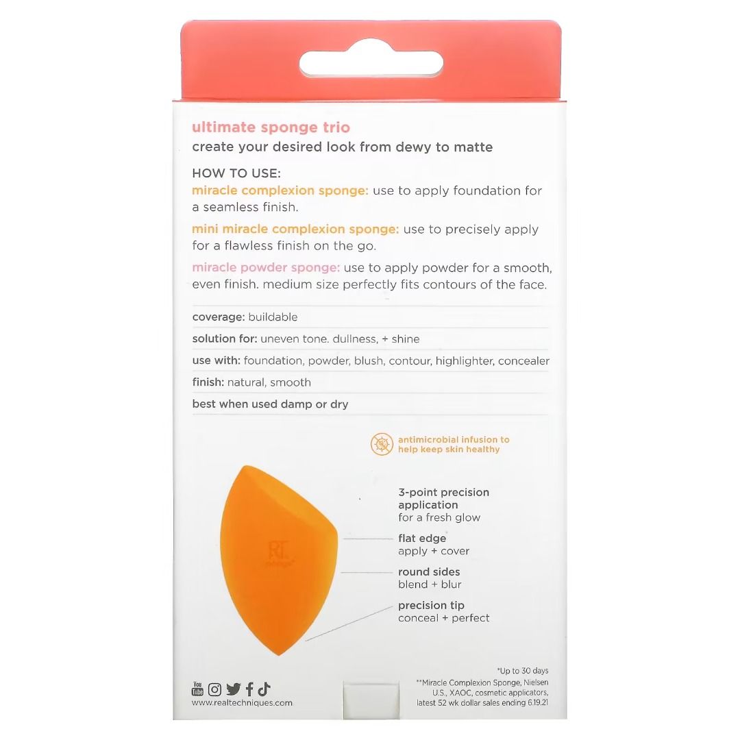 Real Techniques, Ultimate Sponge Trio, Makeup Sponges, 3 Sponges (Category: Face Care) located in Las Pinas. Submitted by chicchateaumnl (Listing ID 1296689770, Image 3). Description: Description +Antimicrobial* #1 Makeup Sponge** Natural, Smooth Finish Buildable Coverage Dermatologist Tested Safe for Sensitive Skin No Harsh Chemicals Latex Free 100% Vegan + Cruelty Free Contains Miracle Complexion Sponge Mini Miracle Complexion Sponge Miracle Po