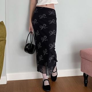 Ribbon detaied midi skirt | y2k mesh printed skirt | midi maxi graphic skirt | punk alt goth y2k coquette skirt | vintage style skirt | low waisted skirt