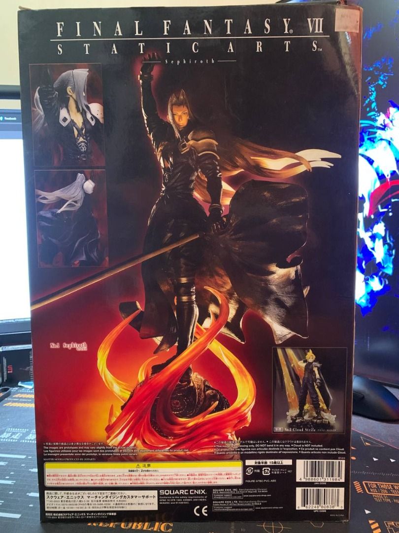Sephiroth Static Arts FF7 (Category: Figurines & Statues) located in Manila. Submitted by newgametechph (Listing ID 1296610690, Image 2). Description: Sephiroth Static Arts Final Fantasy 7 BIB Statue has no broken parts. Box with some scuffs and creases but still presentable. Payment via Gcash or BPI then Lalamove Or meetups at Robinsons Manila..