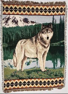 Vintage One Of A Kind Artisan Handmade Handwoven Wolf Design Tapestry