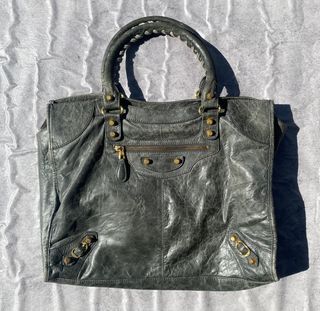 Balenciaga Anthracite Lambskin Leather 12 Rose Gold City Handbag