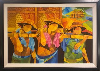 BAYANIHAN 40x29 inches OIL ON CANVAS Painting with Wood Frame, Ready to Hang