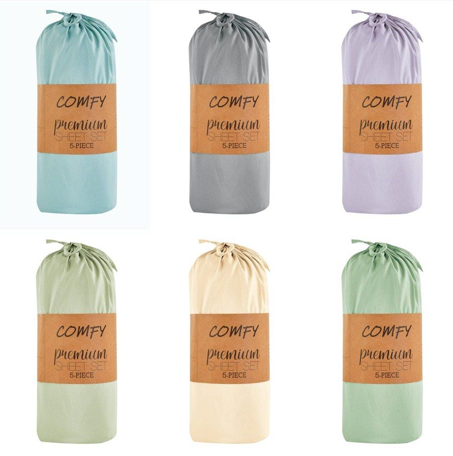 Comfy Bedsheet 5pcs (Solid Colour) (Category: Bedding & Towels) located in Singapore. Submitted by comfybiz1669 (Listing ID 1296763387, Image 3). Description: Material: 100% Microfiber Thread Count : 1000 Size: Single, Super Single, Queen & King Colour: Light Teal, Light Grey, Periwinkle, Light Olive, Cream, Sage (Solid Colour) Includes: Bedsheet x1 Quilt cover x1 Bolster cover x1 Pillow cover x2 Promo Price Single : $39.90 Super Single : $45.90 