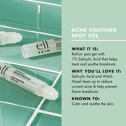 ELF Blemish Breakthrough Acne Fighting Spot Gel (Category: Face Care) located in Manila. Submitted by juanashopbies_ph (Listing ID 1296793860, Image 3). Description: ELF Blemish Breakthrough Acne Fighting Spot Gel What is it: A roll-on gel spot treatment packed with calming and acne-fighting ingredients to help treat and soothe current acne while preventing new blemishes. Why we love: Updated, clean formula. Same great results Roll-on gel formula