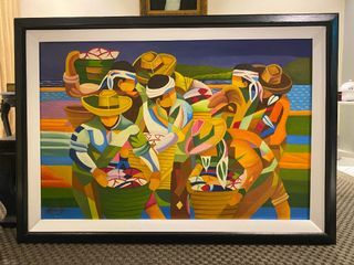 FISHERMEN HARVEST 40x29 inches OIL ON CANVAS Painting with Wood Frame, Ready to Hang