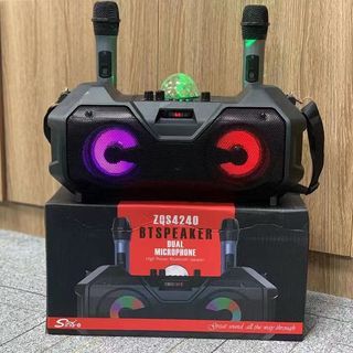 Portable Super Bass BT Speaker with 2 pcs Wireless microphone with Party light Party Speaker