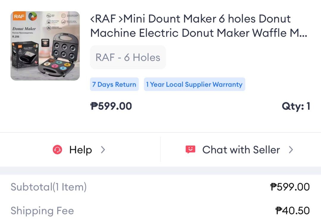 RAF DONUT MAKER 6 HOLES (Category: Other Kitchen Appliances) located in Mandaluyong City. Submitted by leajiwon (Listing ID 1296770434, Image 2). Description: Used twice Complete with box Pick up at Twin Oaks Place Shaw blvd.