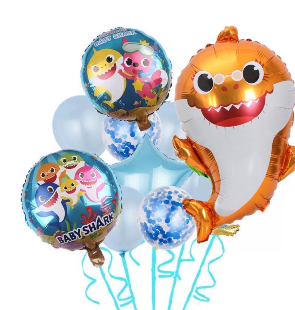 Baby Shark Birthday Party Decorations Include 2 Pack Metallic Foil Fringe,  Silver Letter Doo Doo, 2 Foil Shark Balloons,12 Latex Balloons And 6