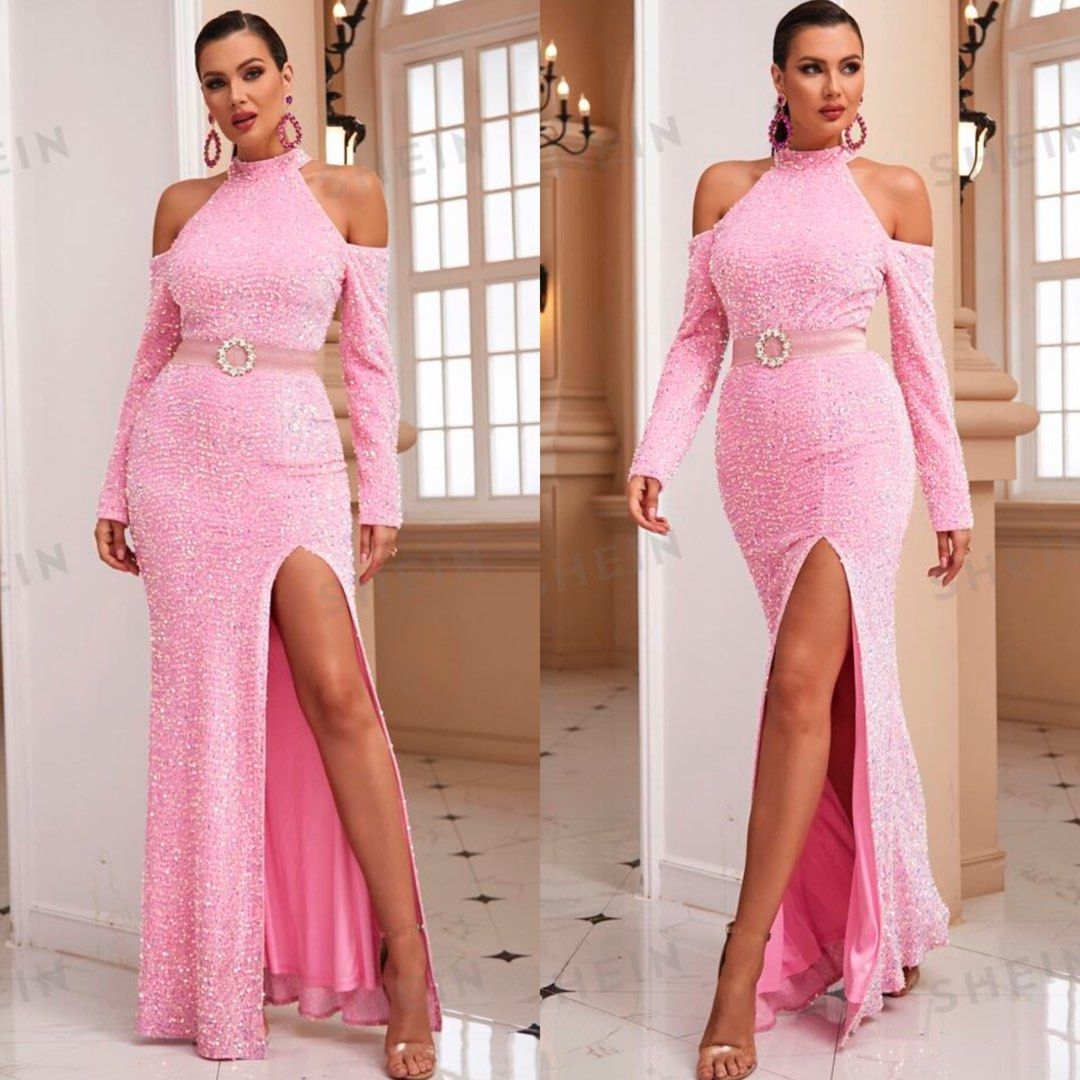 strapless open back dress SHEIN BAE فستان مفتوح الكتف الواحد مقلم بكشكش بحافة مطوي ترتر – ميم