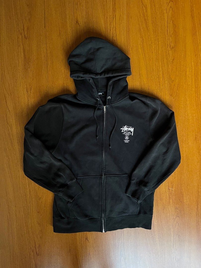stussy world tour zip up hoodie black