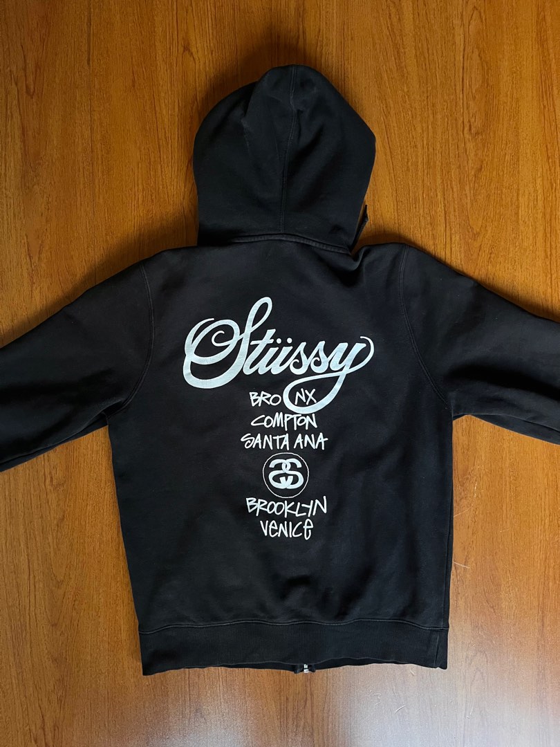 stussy world tour zip up hoodie black