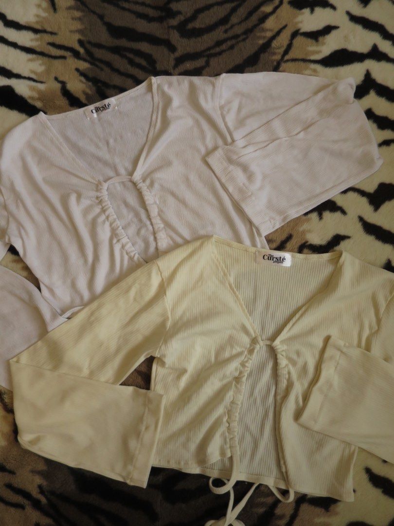 The Curste Project Cheryl Cotton Tie Top (Category: Longsleeves) located in Cebu City. Submitted by addtocarteu (Listing ID 1296872946, Image 2). Description: 🍋 never used, bought on tiktok shop 🍋 freesize (fits s-l frames since it is adjustable) 🍋 multipurpose, can be customized as a top or cardigan! available in white & cream buy both for only ₱200 each! 📍 Cebu City note — color may vary due to lighting. rest assured items are of decent con