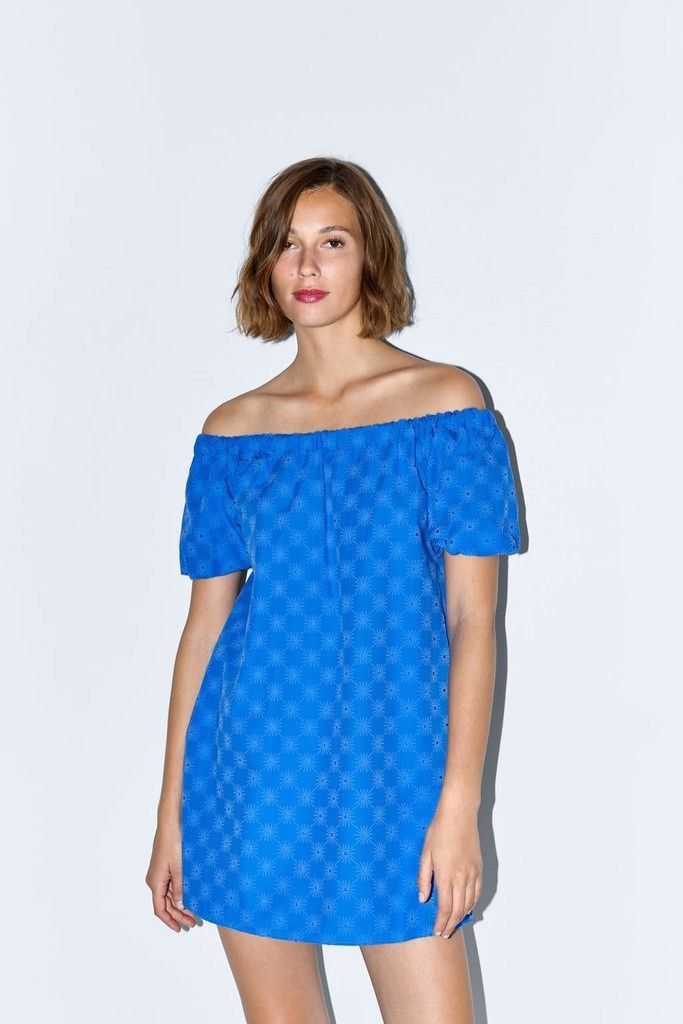 Zara Openwork Textured Off Shoulder Blue Eyelet Mini Dress, Women's  Fashion, Dresses & Sets, Dresses on Carousell