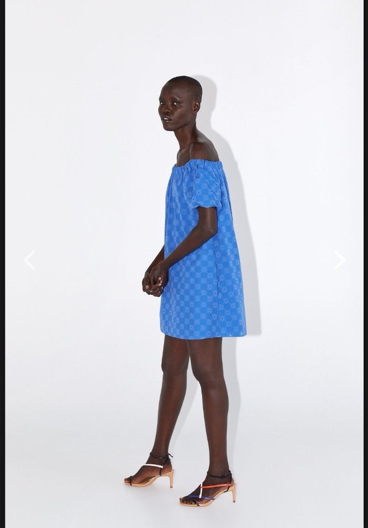 blue eyelet dress zara NWT Zara Embroidered Eyelet Puff Long Sleeves Blue Dress Size S