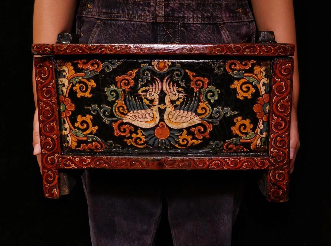 清代原彩仙鹤藏式珍宝盒Antique Lacquer Jewellery Box with original 