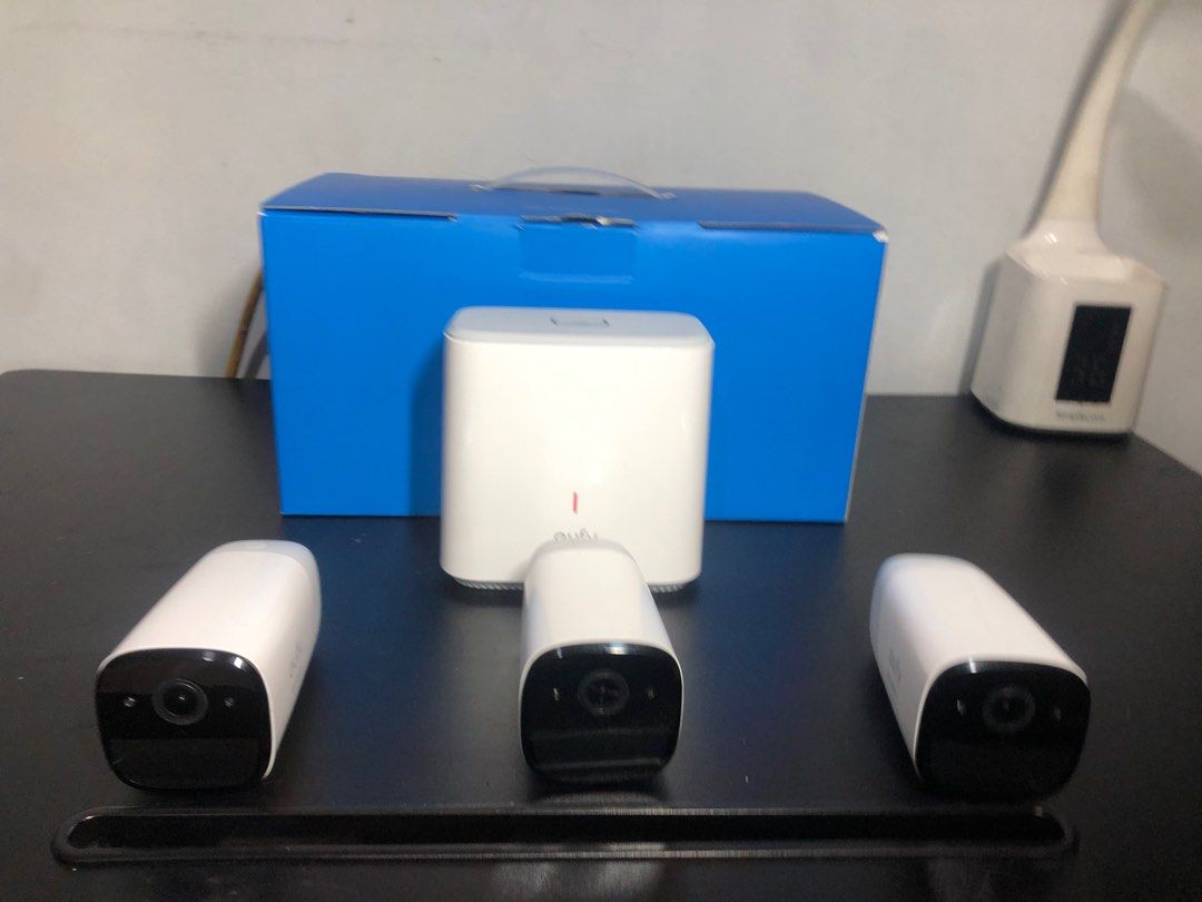 Eufy wireless security system (Category: Security Systems & CCTV Cameras) located in Taguig. Submitted by potato_corner (Listing ID 1296985260, Image 1). Description: Eufy wireless security system Use as display unit only Australian mall pull out!! With box 3 camera Bracket And other accessories .