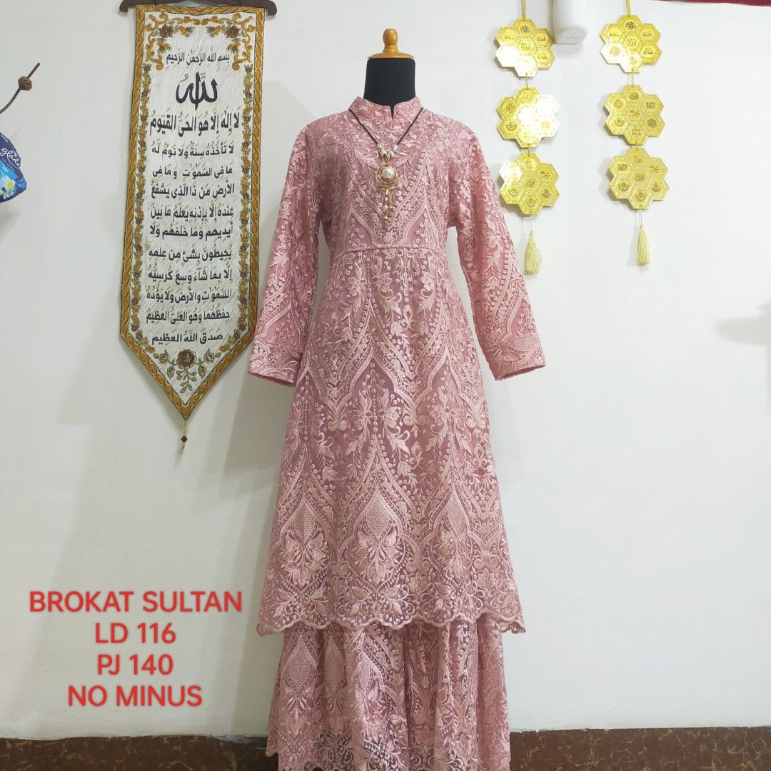 Gamis long dress full brokat sultan dusty pink
