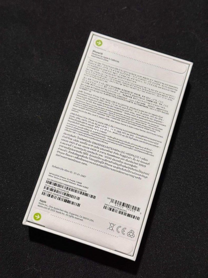 Iphone 14 (Category: iPhone 14 Series) located in Cavite. Submitted by katbritani92264 (Listing ID 1296995111, Image 2). Description: Brandnew Sealed iPhone 14 128 GB Factory Unlocked Purple •Sealed, not yet activated •One year apple warranty •Local variant, NTC Free tempered glass and case 38990.