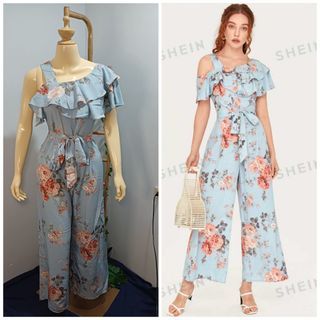 Jumpsuit Baby Blue Rose floral printed  Ruffle Asymmetrical neck Belted Wide Leg Pants Jumpsuit Boho Summer Casual Small