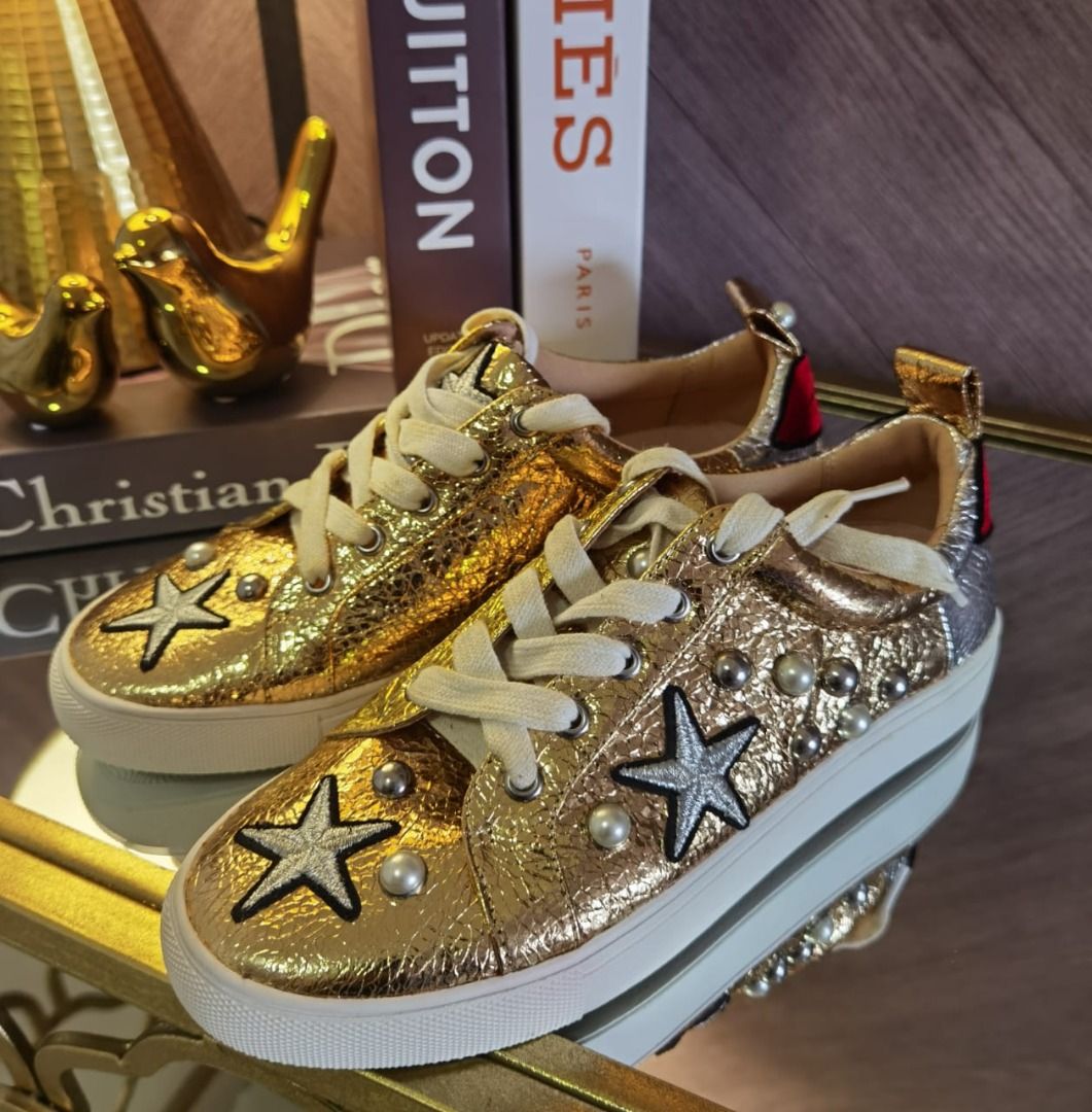SALE Authentic KURT GEIGER Gold Embellished Sneakers With Lip Print Stars Size 37 Luxury Sneakers Footwear on Carousell