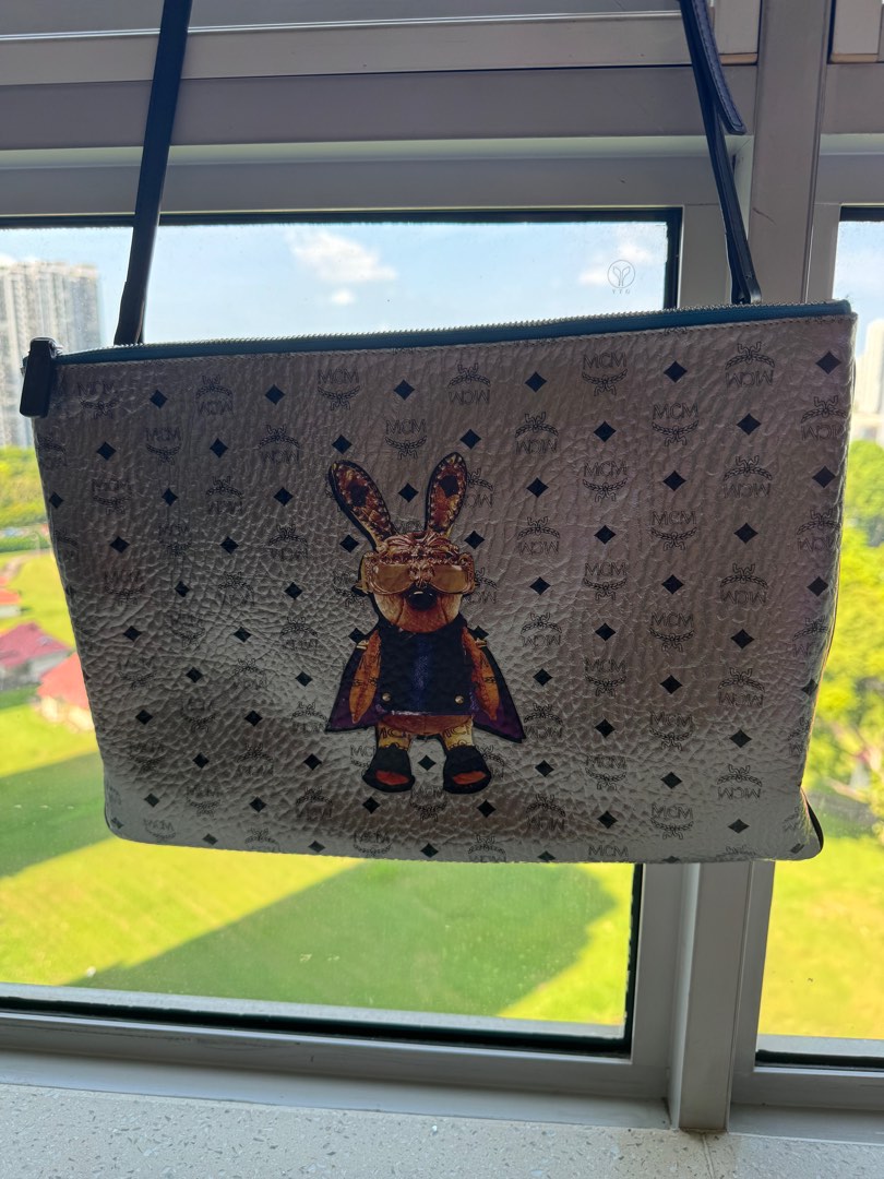 MCM Metallic Silver Rabbit Print Coated Canvas Flat Pouch, Luxury