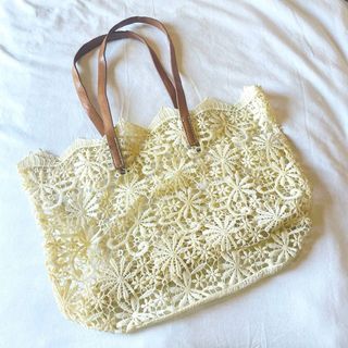 Original from France! Handcrafted White Lace and Leather Tote Bag