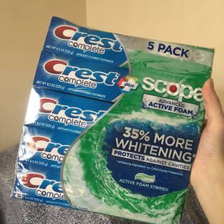 (Php 260 per tube) imported USA
Crest complete whitening + scope advanced active foam anticavity fluoride toothpaste 8.2oz 232g