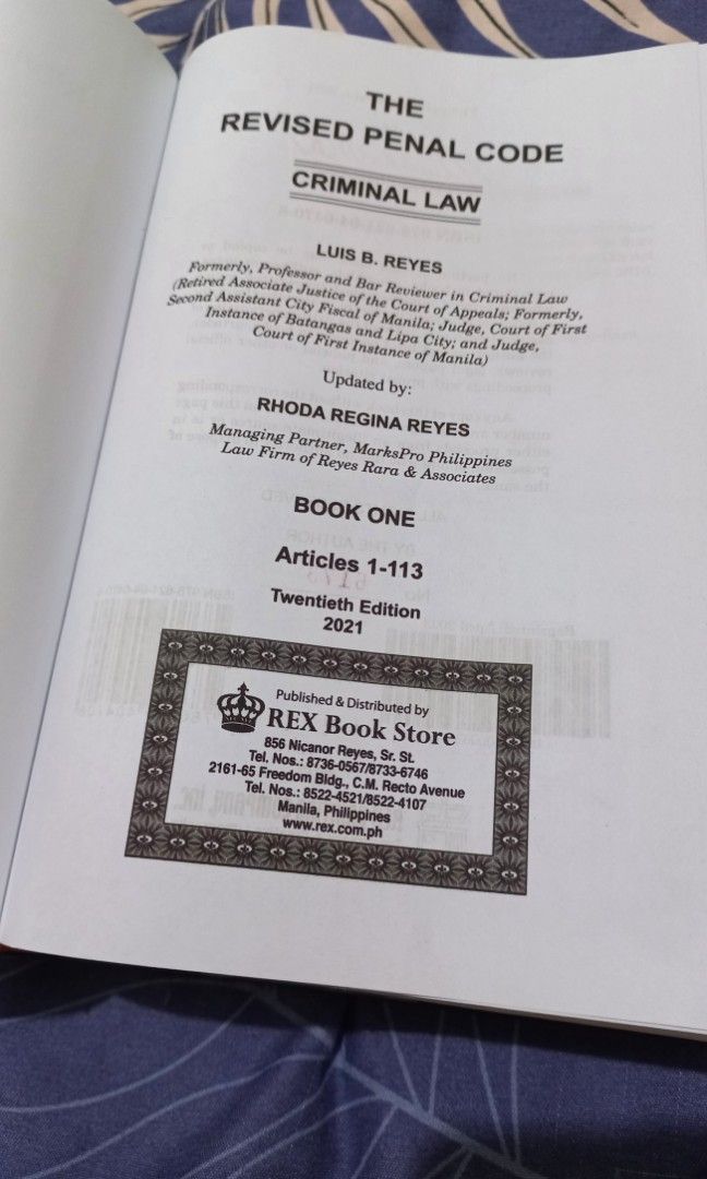 Revised Penal Code Book 1 by Luis Reyes (Category: Textbooks) located in Manila. Submitted by hey.jujupsc (Listing ID 1297037949, Image 2). Description: The Revised Penal Code: Criminal Law Book I -with plastic cover -good as new -no damage, no highlights and outlines.