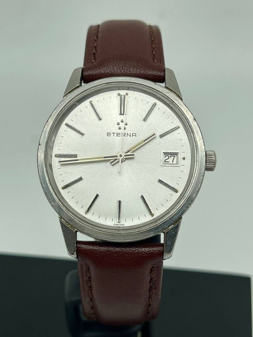 Vintage Eterna Silver Dial Leather Strap (Category: Luxury Watches) located in Manila. Submitted by _classicwatchcollection (Listing ID 1297021371, Image 1). Description: FS: Vintage Eterna Silver Dial Leather Strap Php 13,000 Condition: 9/10 (Good working) Movement: Mechanical Manual Case Size: 35mm Unit only. Pm or Contact 09063027061 for inquiries..