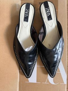 Zara Black Leather Kitty Heel Mules