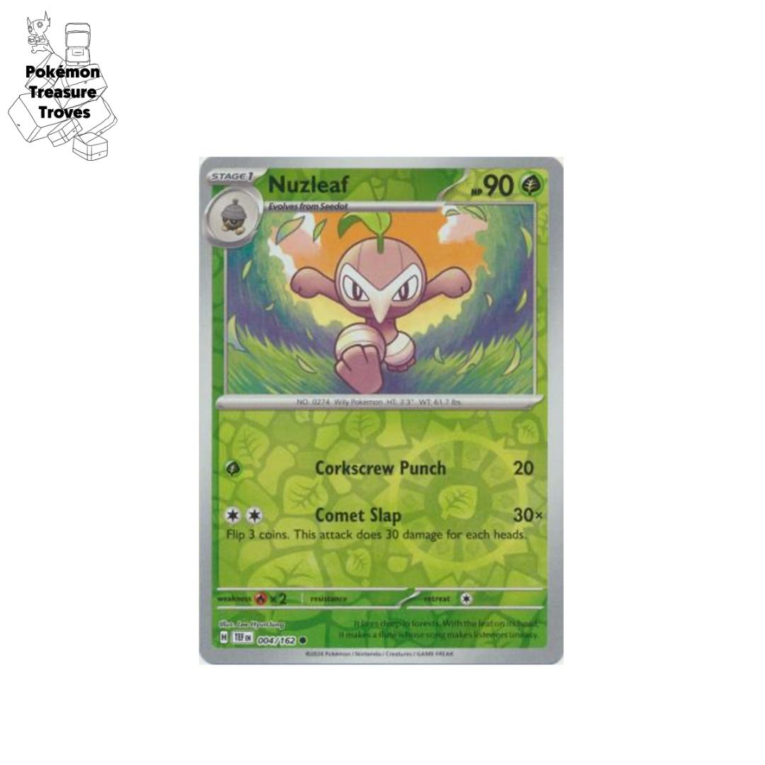 0.50] Pokemon Scarlet & Violet Temporal Forces Nuzleaf Reverse Holo Card,  Hobbies & Toys, Toys & Games on Carousell