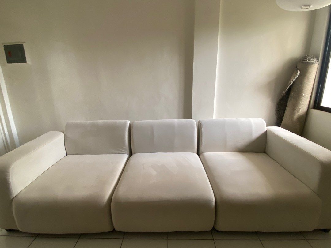 BIG Modern Cloud Couch Sectional Sofa White (Category: Sofas) located in Naic. Submitted by wolfkeith (Listing ID 1297129025, Image 3). Description: Cheapest cloud couch/sofa in the market! It’s sectional so it comes in 3 seats but can fit up to 6 people! Made with: Blue Uratex foam White Milan fabric + fiber pill Measurements: Length: 33” Depth: 40” Seat Height: 18” Total Height: 31” Total Length: 115” Has minor stains and bite marks from our ro