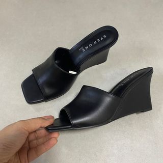 Black Leather Wedge Sandals Heels