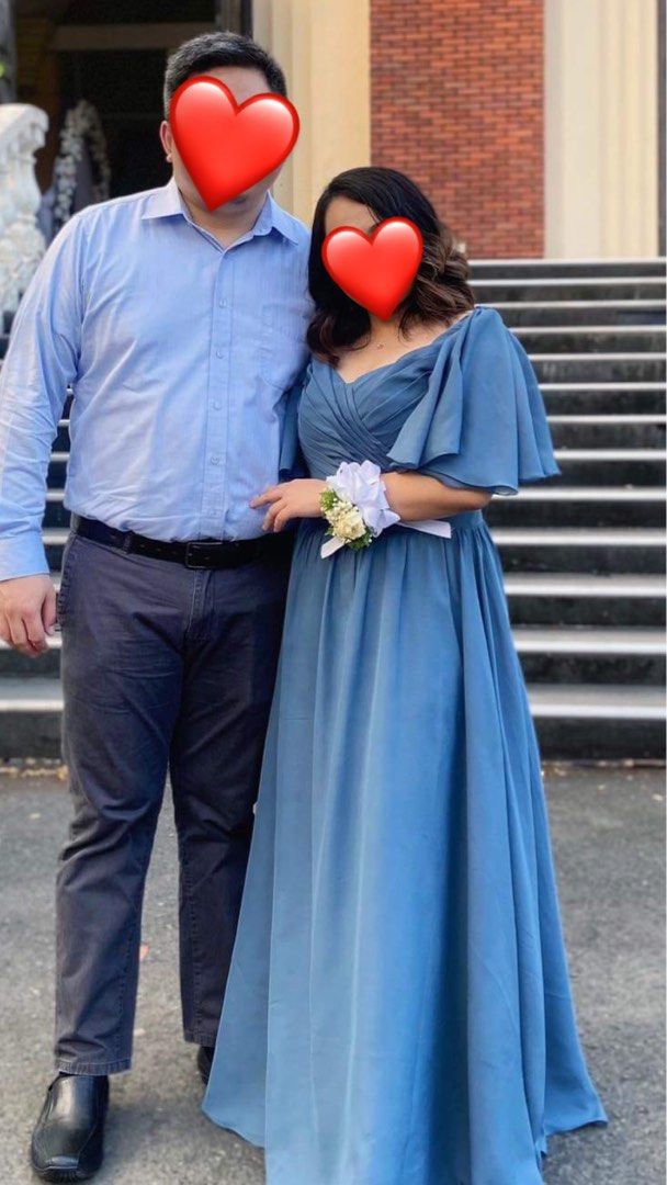 Bridesmaid gown (Category: Evening dresses & gowns) located in Mandaluyong City. Submitted by _michaela (Listing ID 1297130444, Image 1). Description: Large Dust blue Owner is 5’, wearing 3” heels.