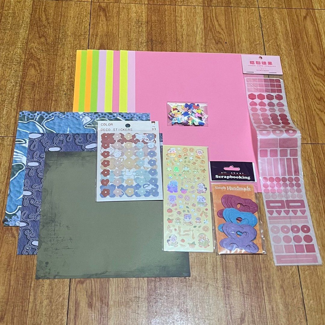JOURNAL/SCRAPBOOK/ART MATERIALS SET (Category: Craft Supplies & Tools) located in Manila. Submitted by clareeeey_ (Listing ID 1297106966, Image 1). Description: 10 pcs colored papers 1 pack of mini cut out shapes 3 pack of stickers 1 pack of heart cutouts 3 pcs of 8x8 printed paper sheets includes school supply freebies.
