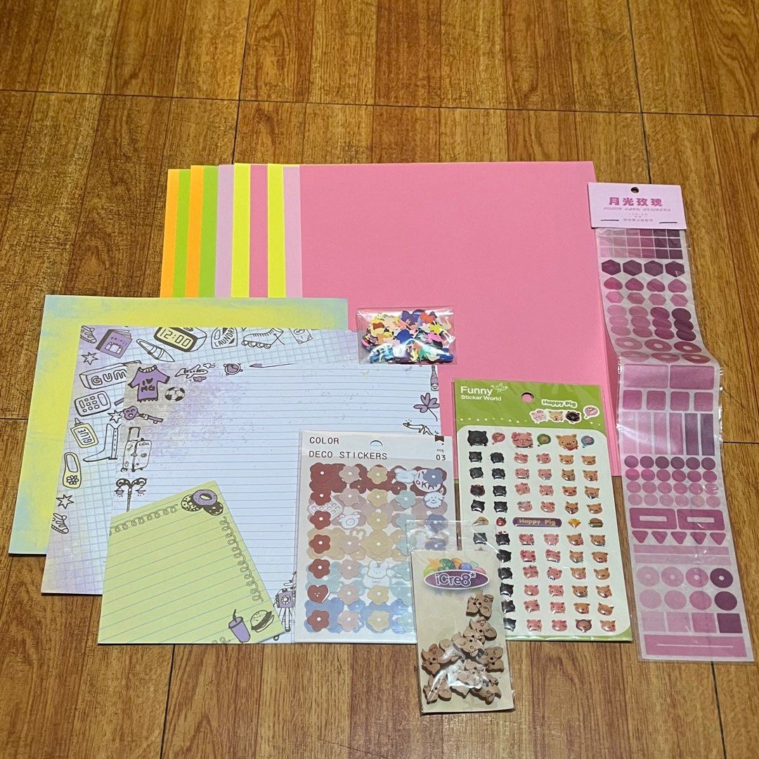 JOURNAL/SCRAPBOOK/ART MATERIALS SET (Category: Craft Supplies & Tools) located in Manila. Submitted by clareeeey_ (Listing ID 1297106966, Image 3). Description: 10 pcs colored papers 1 pack of mini cut out shapes 3 pack of stickers 1 pack of heart cutouts 3 pcs of 8x8 printed paper sheets includes school supply freebies.