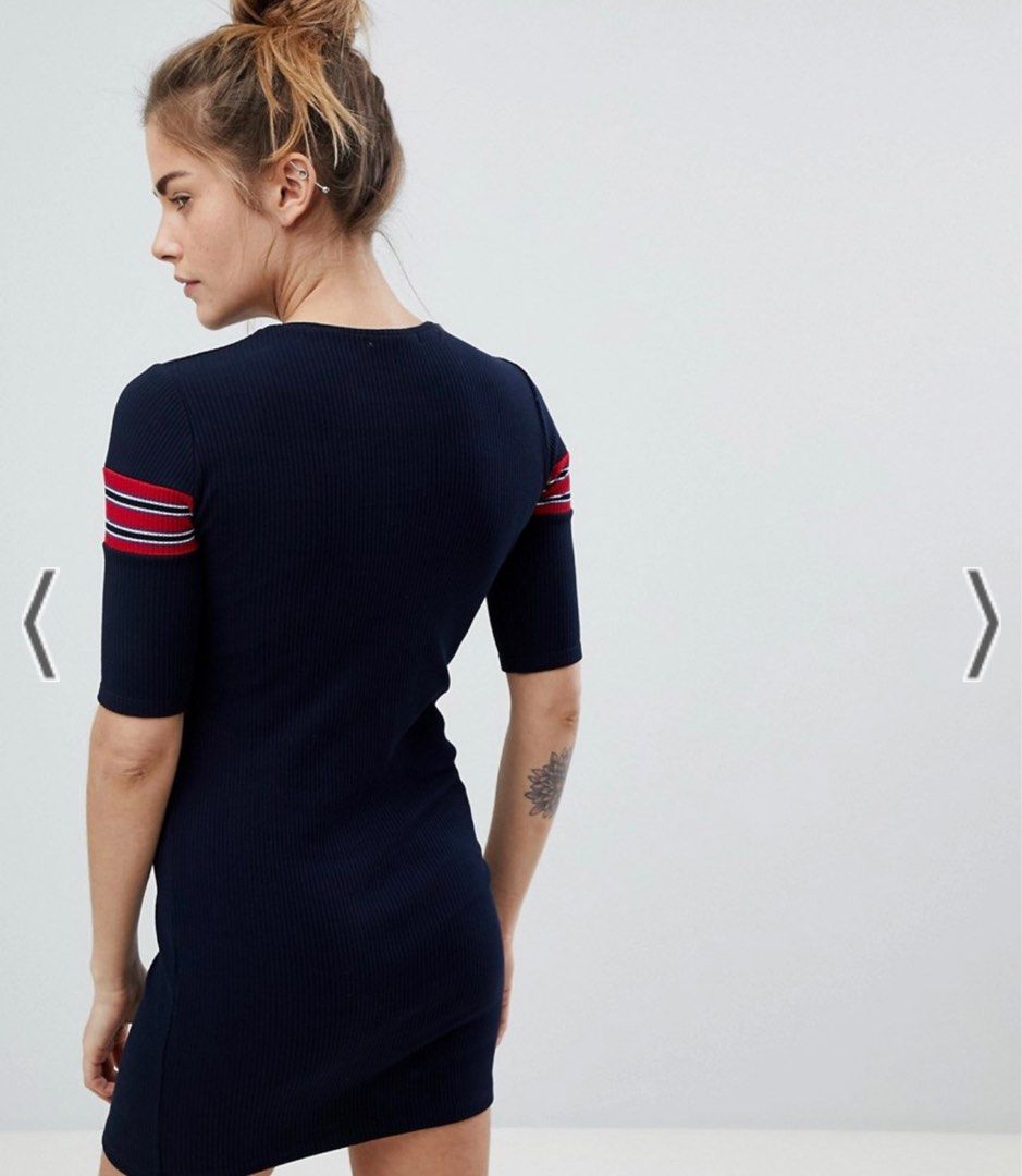 pull and bear ribbed dress Pull&Bear ribbed jersey long sleeve mini dress with split hem in black