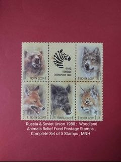 Russia & Soviet Union 1988 :  Woodland Animals Zoo Relief Fund Postage Stamps , complete set of 5 stamps , MNH