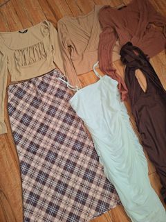 STYLE BUNDLE (Neutrals / Cottagecore) TAKE ALL: Nude Plaid Mermaid Skirt, Ruched Mesh Bodycon Mini Dress , Brown Backless Dress, Textured Surplice Neck Crop Tees & more Set