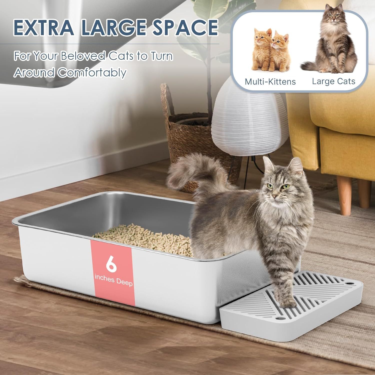 Suzzipaws 2 Pack 20L Extra Large Stainless Steel Cat Litter Boxes High Sides Metal Cat Litter Box for Multi Cats Big Cats XL Metal Litter Pan Tray Non Sticky Anti Rust Easy Cleaning Pet Supplies