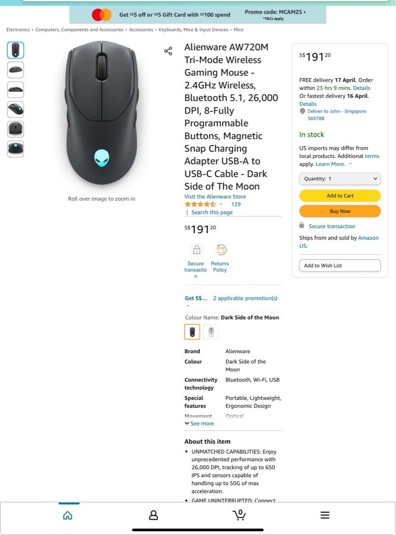 Alienware AW720M Gaming Mouse Tri-mode Wireless, Computers & Tech ...
