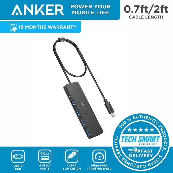 Anker 4-Port USB C Data Hub - 5Gbps Transfer Speed, for MacBook, iMac, Surface, HDDs (Category: Cables & Adaptors) located in Las Pinas. Submitted by techsmartph (Listing ID 1297341047, Image 1). Description: * 0.7ft - PHP799 * 2ft - PHP899 * Ultra-Fast Data Transfers: Experience the power of 5Gbps transfer speeds with this USB hub and sync data in seconds, making file transfers a breeze. * Long Cable, Endless Convenience: Say goodbye to short an