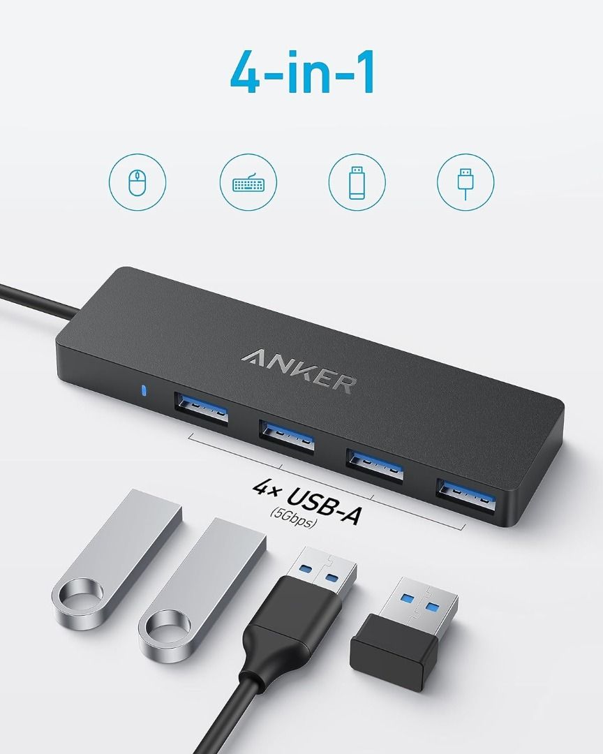 Anker 4-Port USB C Data Hub - 5Gbps Transfer Speed, for MacBook, iMac, Surface, HDDs (Category: Cables & Adaptors) located in Las Pinas. Submitted by techsmartph (Listing ID 1297341047, Image 2). Description: * 0.7ft - PHP799 * 2ft - PHP899 * Ultra-Fast Data Transfers: Experience the power of 5Gbps transfer speeds with this USB hub and sync data in seconds, making file transfers a breeze. * Long Cable, Endless Convenience: Say goodbye to short an