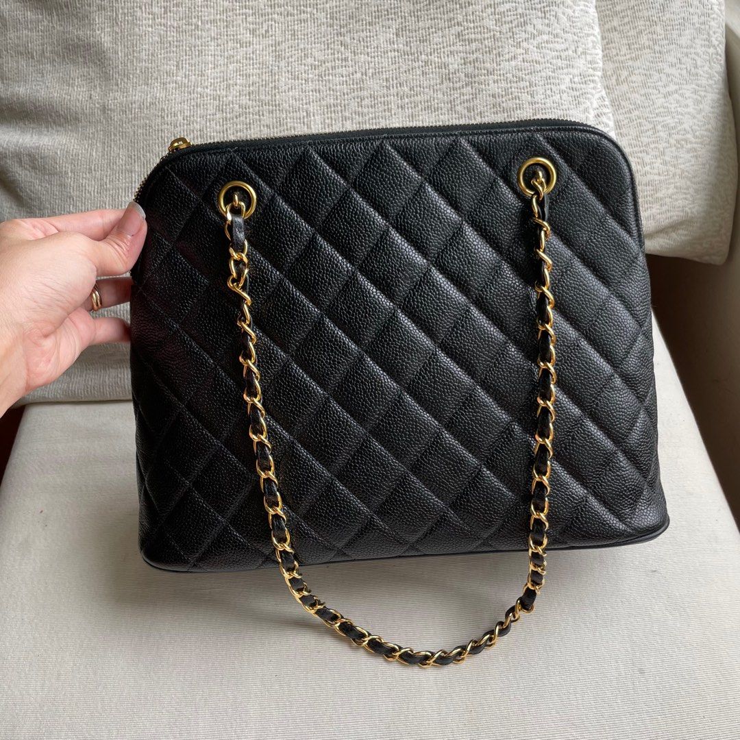 AUTHENTIC CHANEL Caviar CC Logo Shoulder Tote Bag 24k Gold Hardware