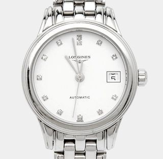 Authntic Longines White Stainless Steel Diamond Flagship L4.274.4.276 Womens Wristwatch 26mm