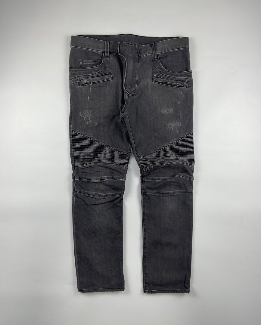 Balmain Distressed Biker Jeans (Category: Jeans) located in Paranaque City. Submitted by _baclarancartel (Listing ID 1297322604, Image 1). Description: Balmain Distressed Biker Jeans Sz 32 9/10 Condition Waist: 17 Inseam: 27 Leg Opening: 6.5 Front Rise: 9.7 Thigh: 11 Knee: 8.