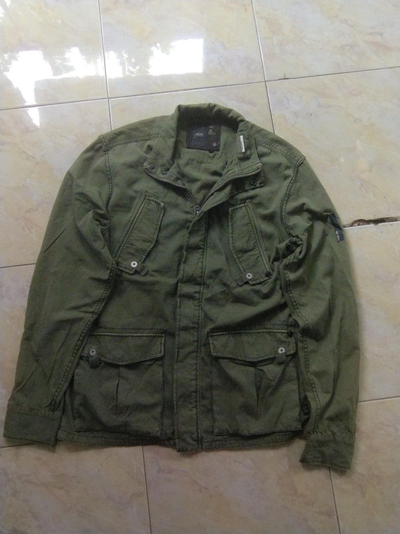 Jaket Military Gstar Raw Denim, Fesyen Pria, Pakaian Atasan di