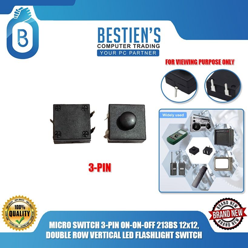 MICRO SWITCH 3-PIN ON-ON-OFF 213BS 12x12, DOUBLE ROW VERTICAL LED FLASHLIGHT SWITCH (Category: Electrical, Adaptors & Sockets) located in Quezon City. Submitted by besteinpc (Listing ID 1297258911, Image 1). Description: MICRO SWITCH 3-PIN ON-ON-OFF 213BS 12x12, DOUBLE ROW VERTICAL LED FLASHLIGHT SWITCH FEATURES: 👉Product Name: Micro Switch 👉Model: 213BS 👉Pin: 3-pin 👉Switch Type: ON-ON-OFF 👉Size: 12x12 BENEFITS: 👉Excellent touch switches, l
